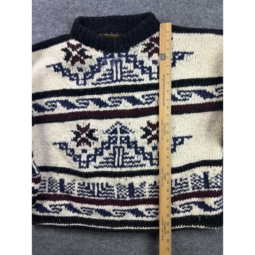 Rey Wear Wool Sweater Mens XL Cream Blue Hand Made Ecuador Geometric Knit 65440